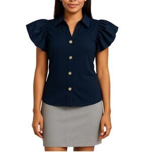 Madison Paris New York Navy Blue Puff Sleeve Blouse Size L